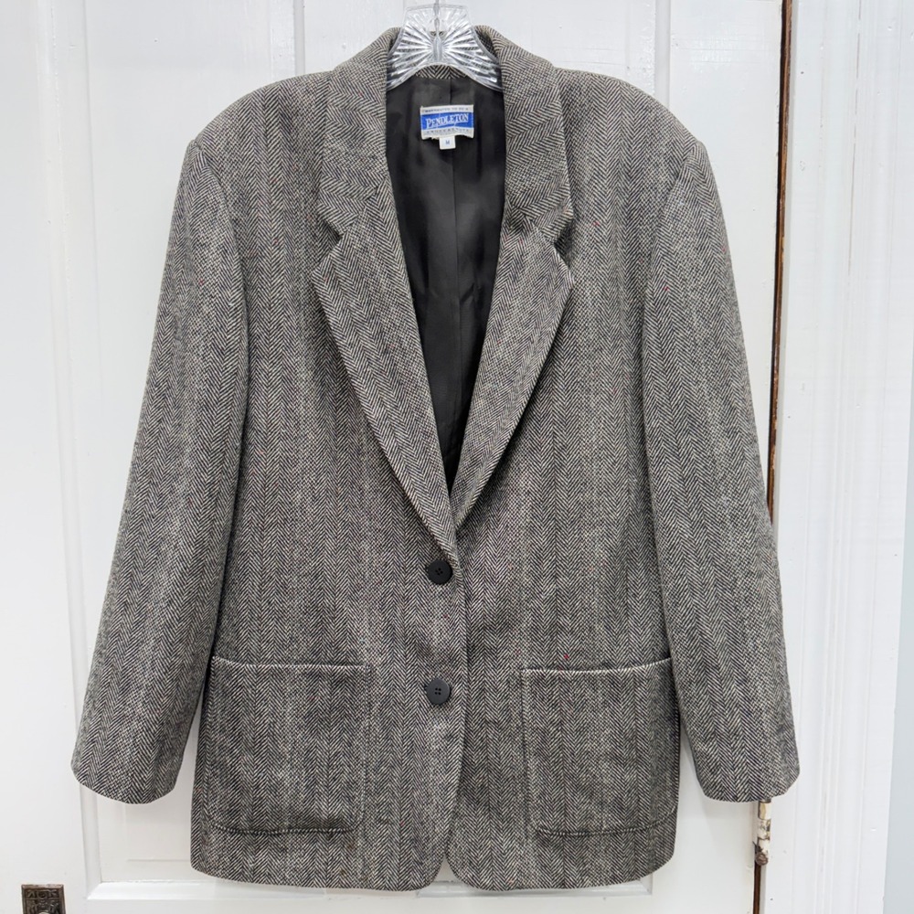Pendleton Knockabouts Grey Herringbone Virgin Wool Blazer Jacket Womens Medium